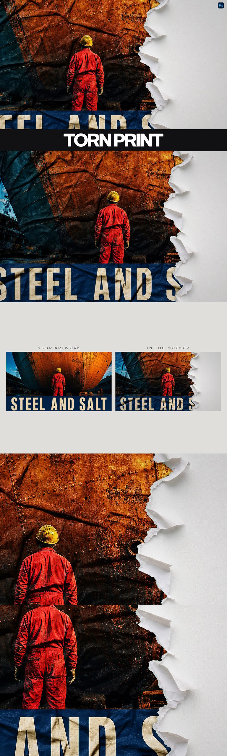 Stacked industrial poster views with torn white edges, a worker in red, rusty ship hull and bold cream lettering
