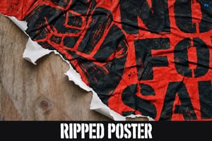 Red-and-black grunge poster with oversized stencil lettering and torn, crumpled edges over wood