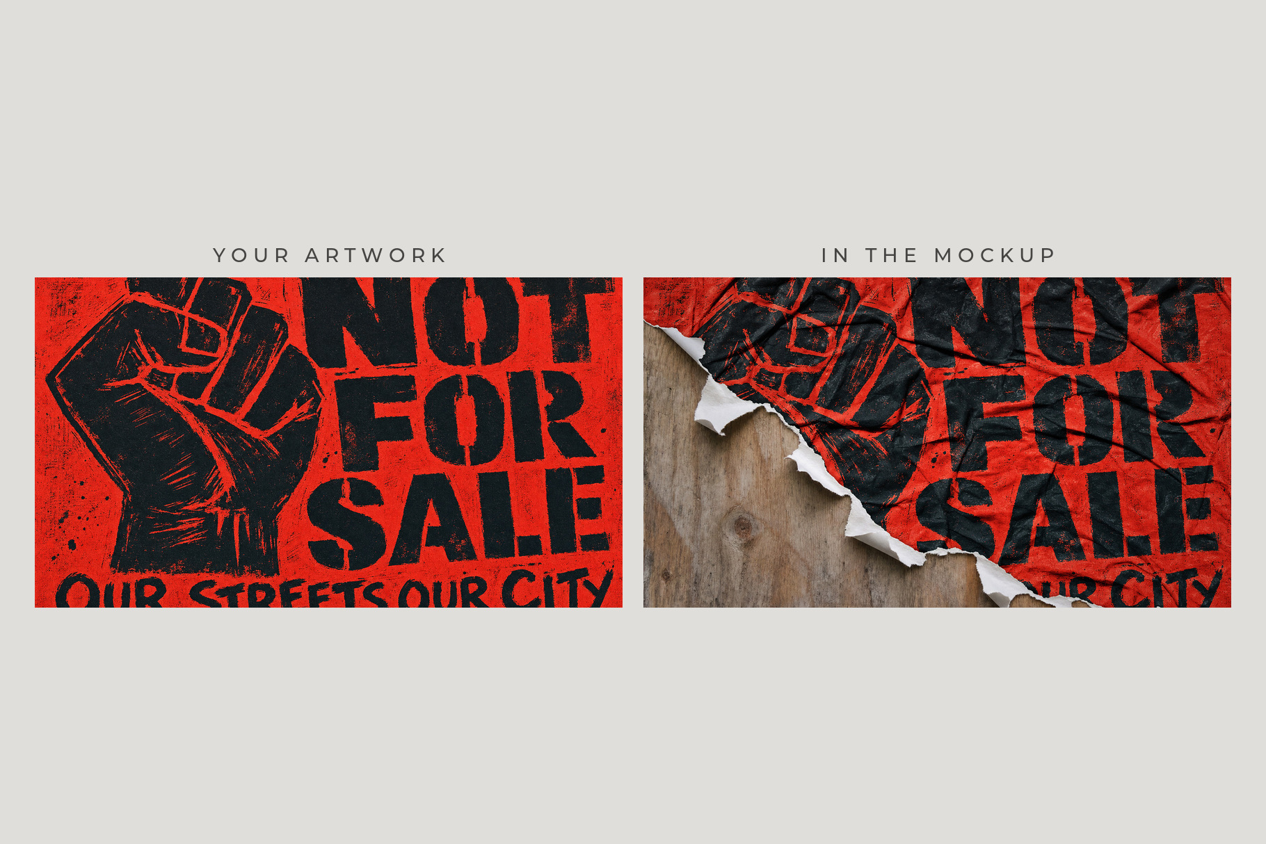 Side-by-side red and black protest posters with a raised fist, bold stencil text and torn paper edges