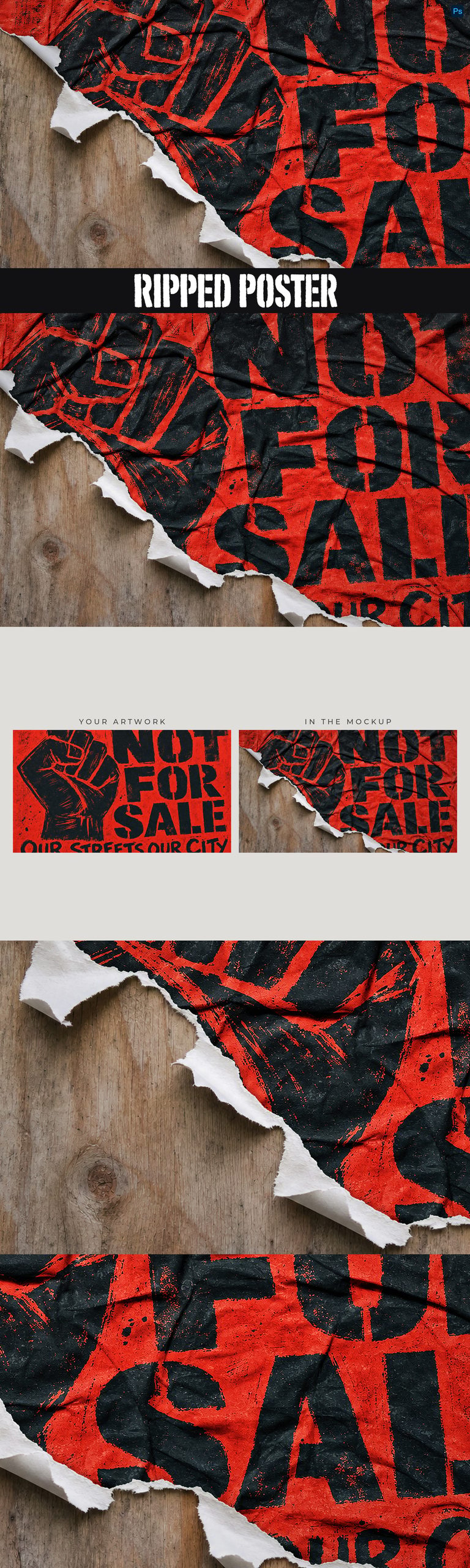 Torn, crumpled red-and-black protest poster on wood, with a raised fist beside stacked stencil lettering