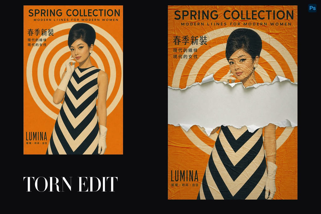 Two orange retro fashion posters with concentric rings, a woman in a chevron dress and a torn-paper band