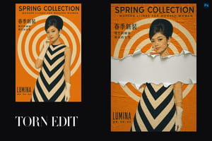 Two orange retro fashion posters with concentric rings, a woman in a chevron dress and a torn-paper band