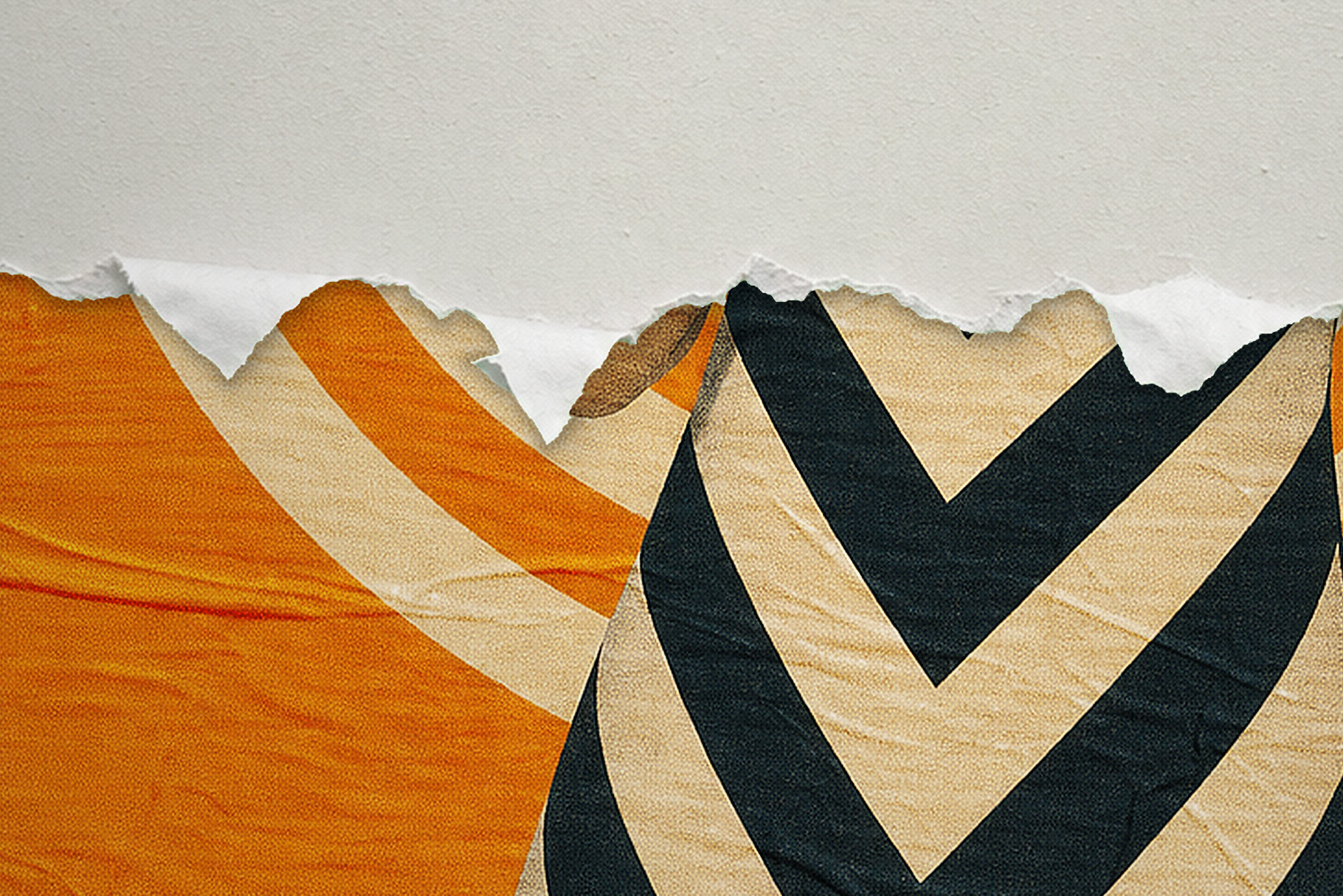 Torn white paper above a textured abstract design with orange curves and bold black-and-cream chevrons