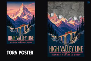 Side-by-side vintage railway posters with sunset mountains, arched bridges and torn edges revealing concrete