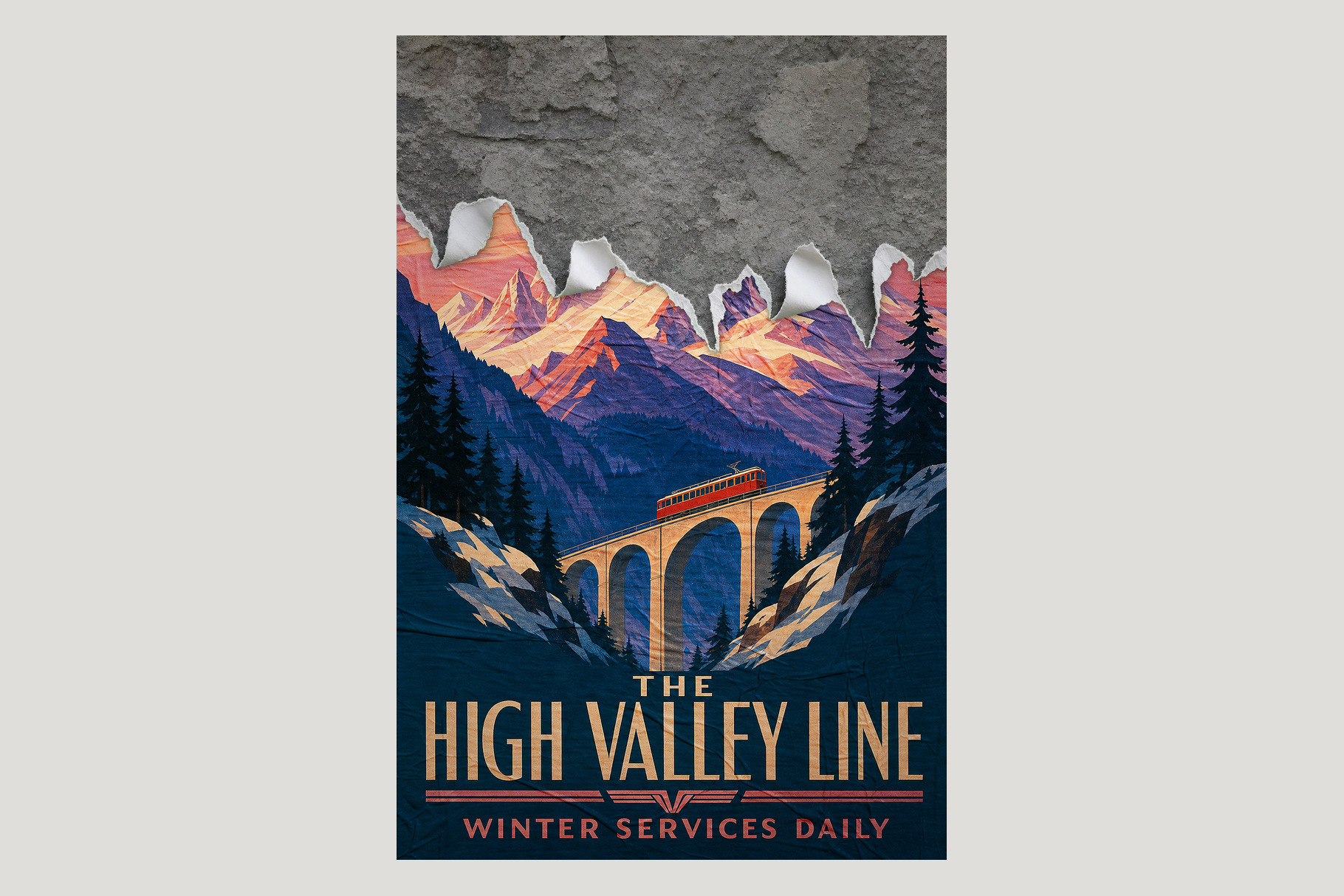 Vintage railway poster with a torn gray top, colorful mountains, a train on an arched bridge and bold text below