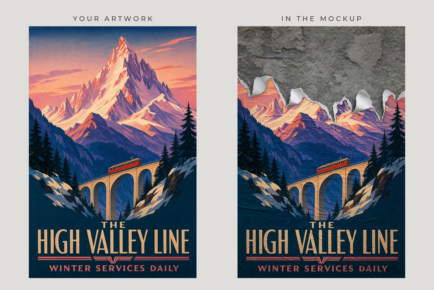Side-by-side vintage railway posters with sunset mountains, an arched viaduct and torn edges on the right