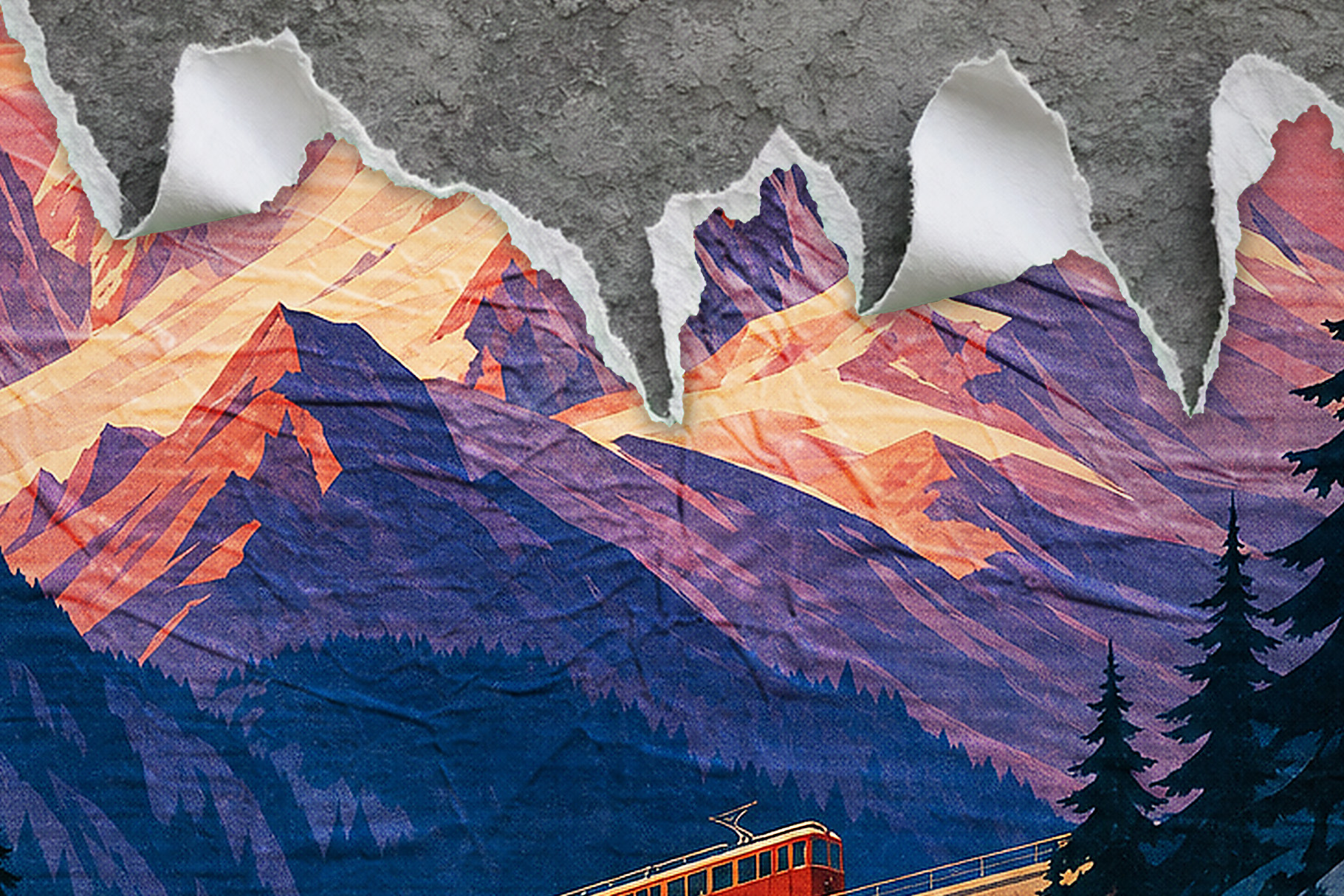 Torn, peeling mountain poster with orange and purple peaks, dark pine silhouettes and a red train at the bottom