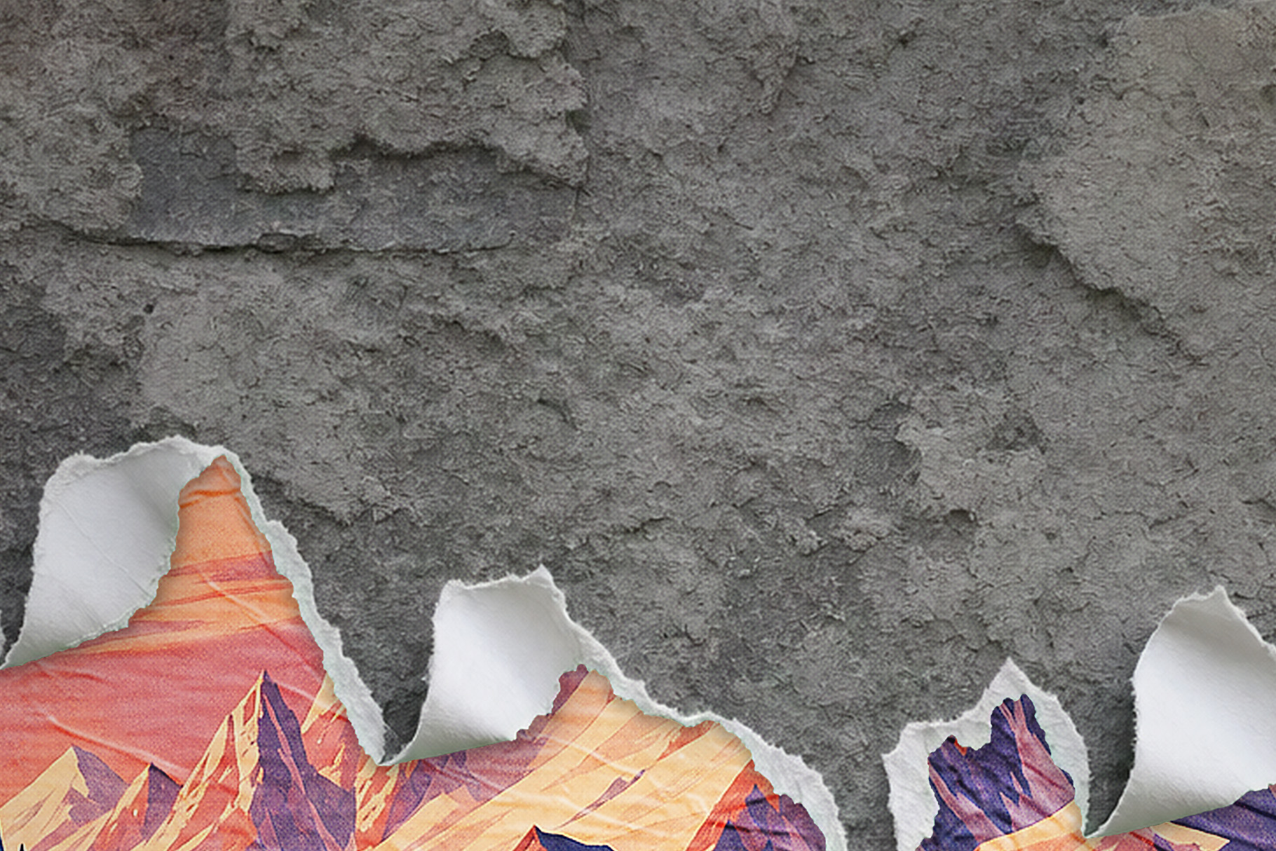 Torn-paper collage with a rough gray concrete upper area and colorful illustrated mountains along the bottom