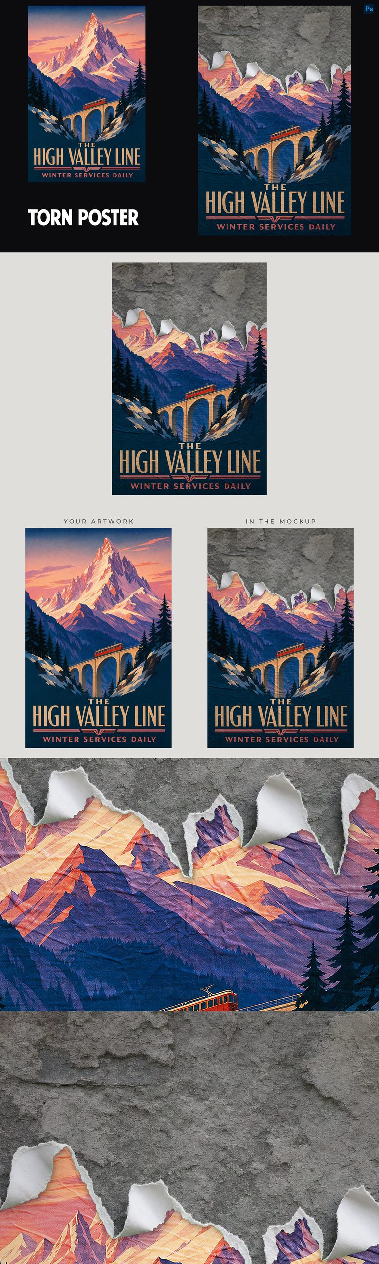 Portrait railway poster with sunset mountains, an arched bridge, gold lettering and a torn top exposing concrete