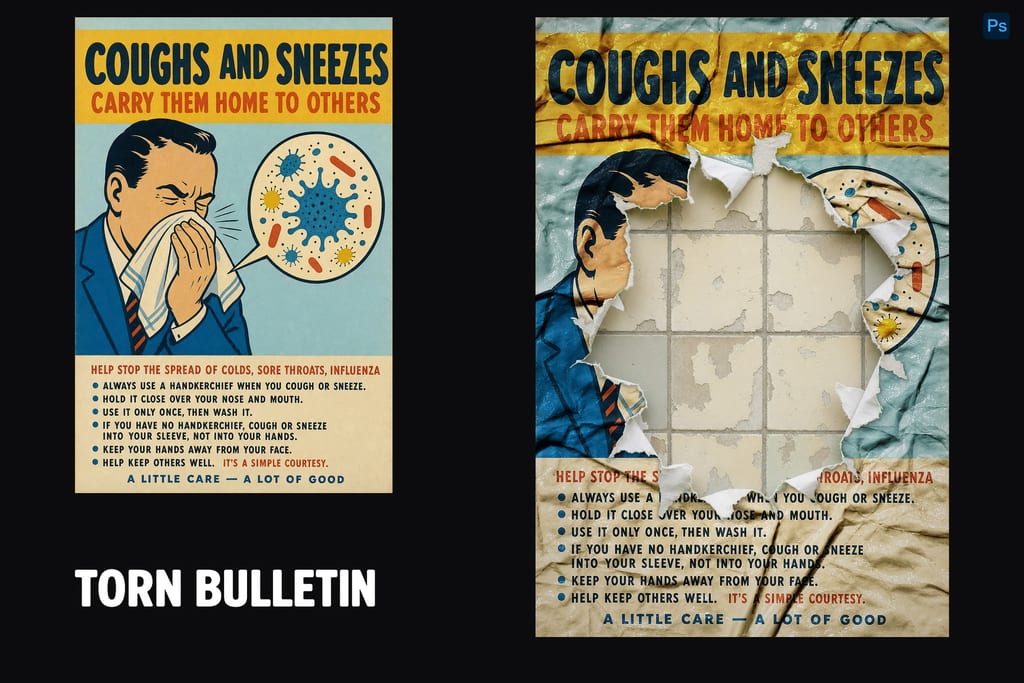 Side-by-side vintage health posters with a sneezing man, bold yellow headers, and torn paper revealing tiles