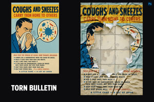 Side-by-side vintage health posters with a sneezing man, bold yellow headers, and torn paper revealing tiles