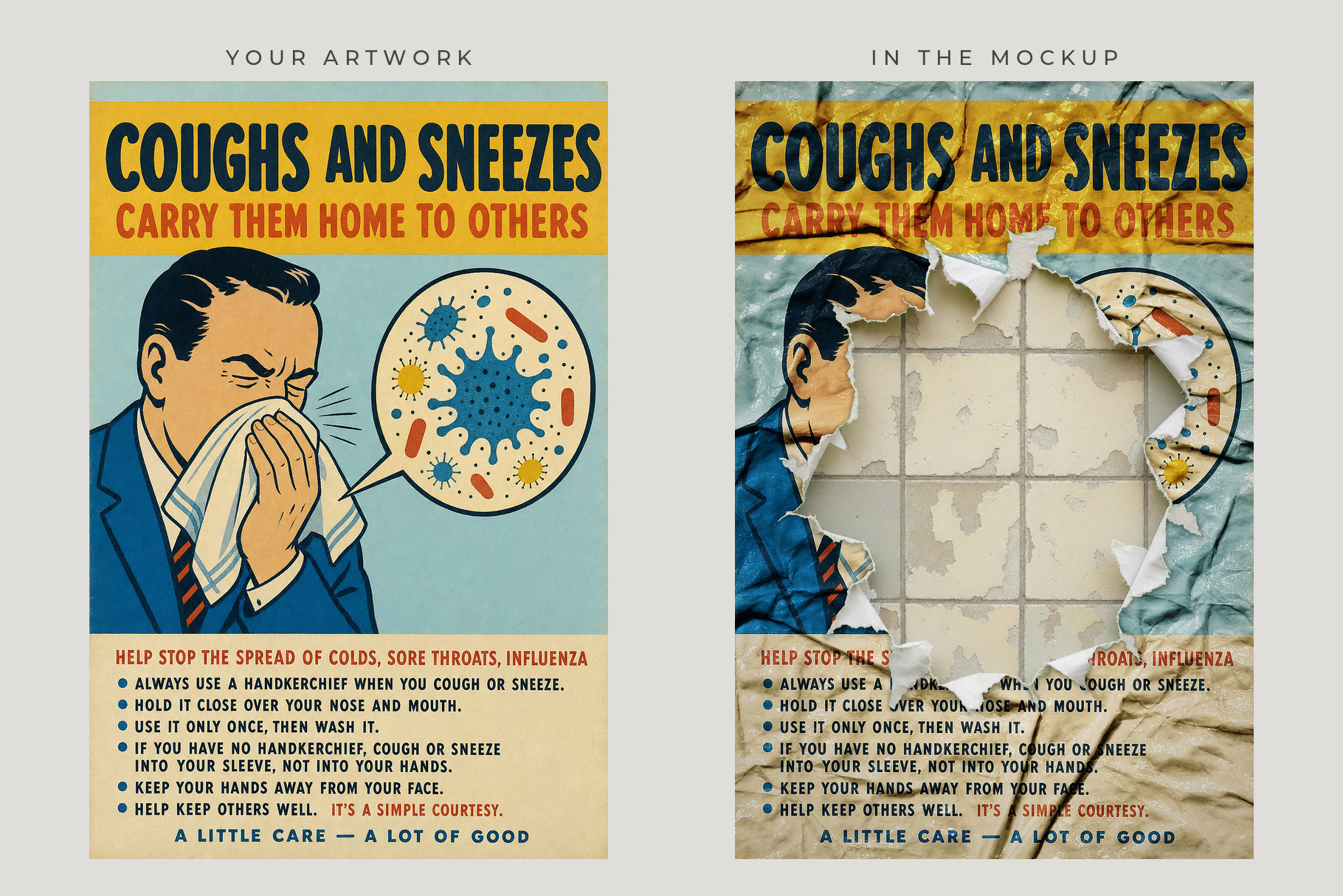 Vintage health posters side by side, with a sneezing man and bold yellow headers; one torn to reveal tiles