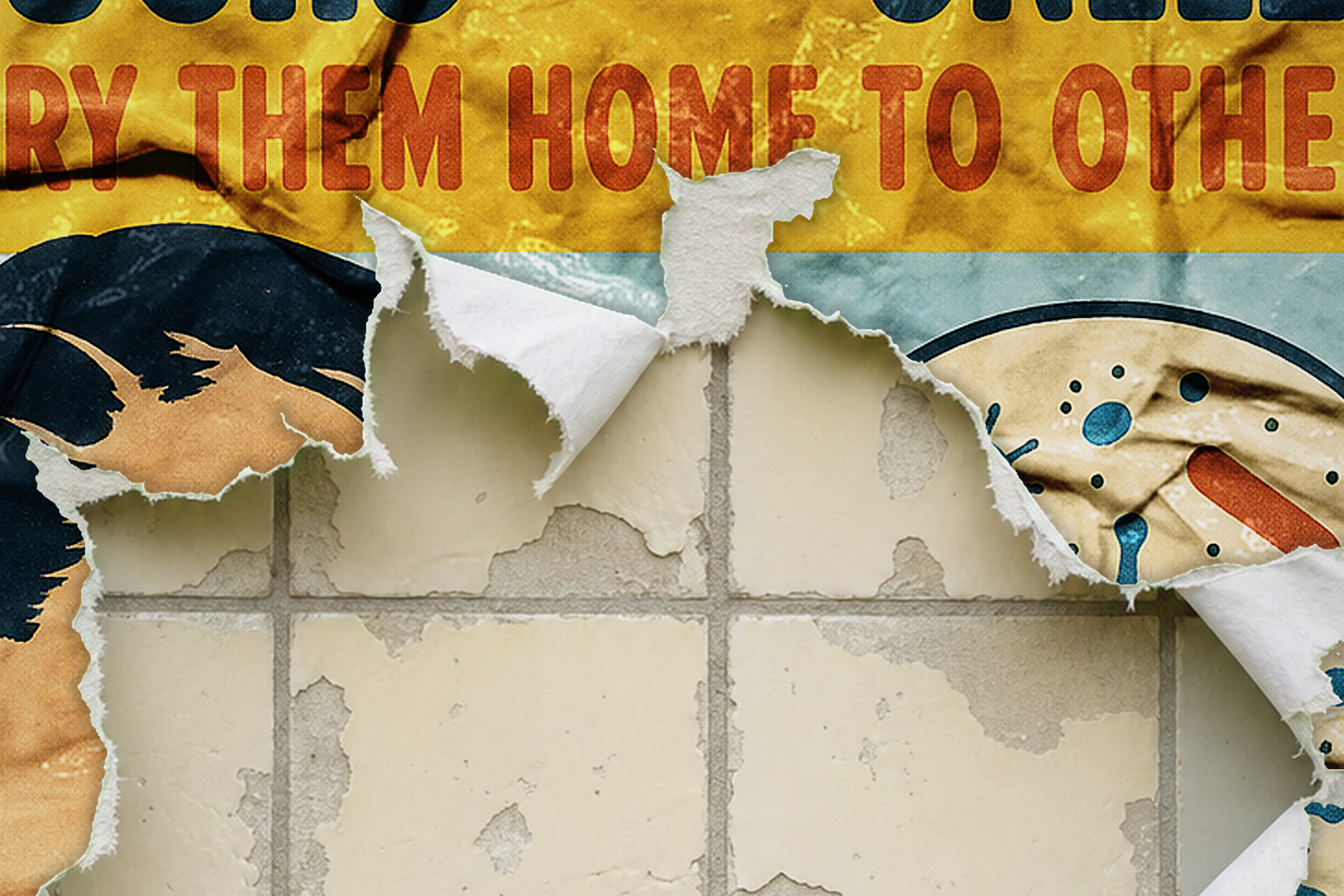 Distressed poster with red lettering on yellow and curled, torn edges revealing a stained tile wall