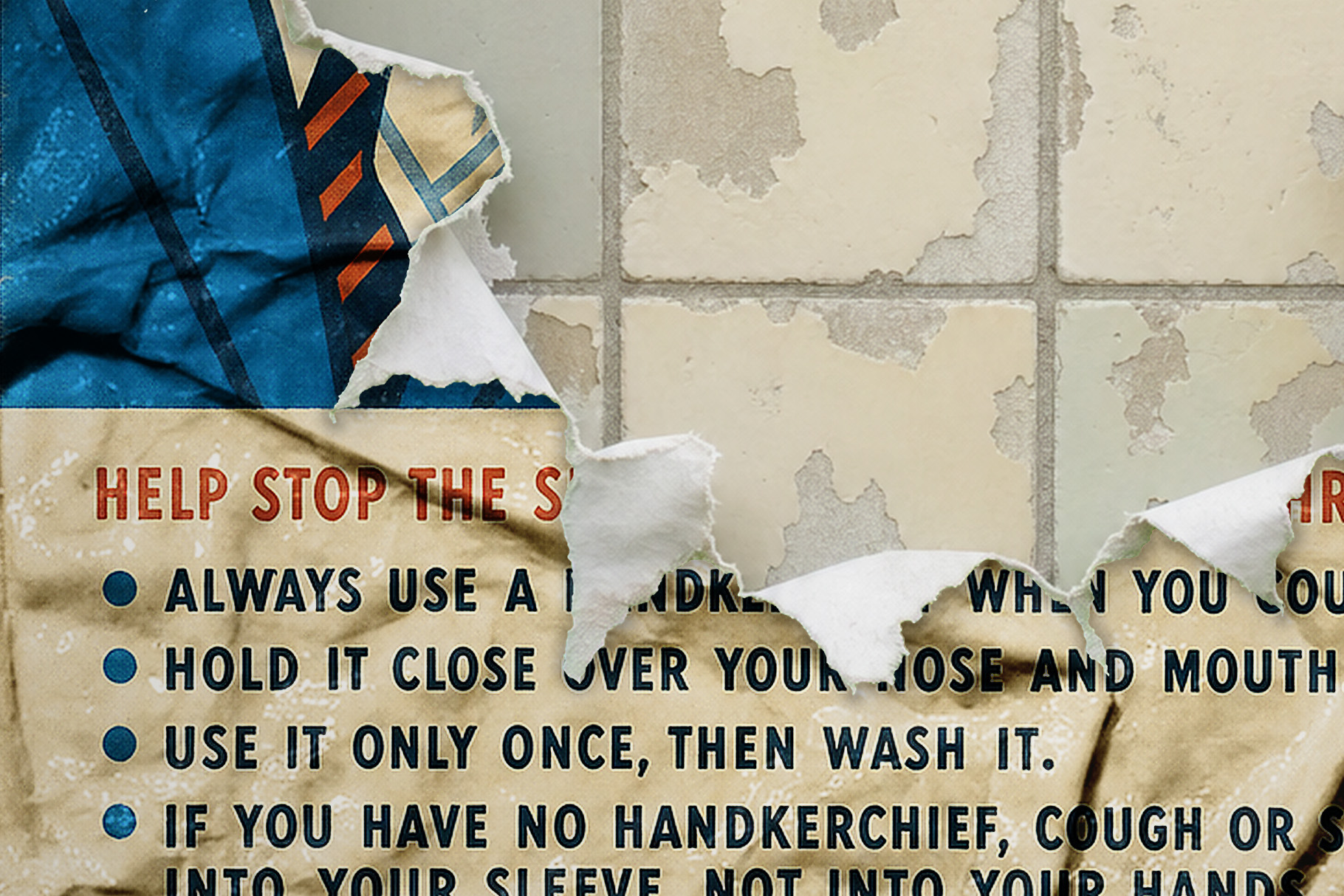 Torn vintage poster with bold red and navy text, blue bullet points and ragged edges on a weathered tiled wall