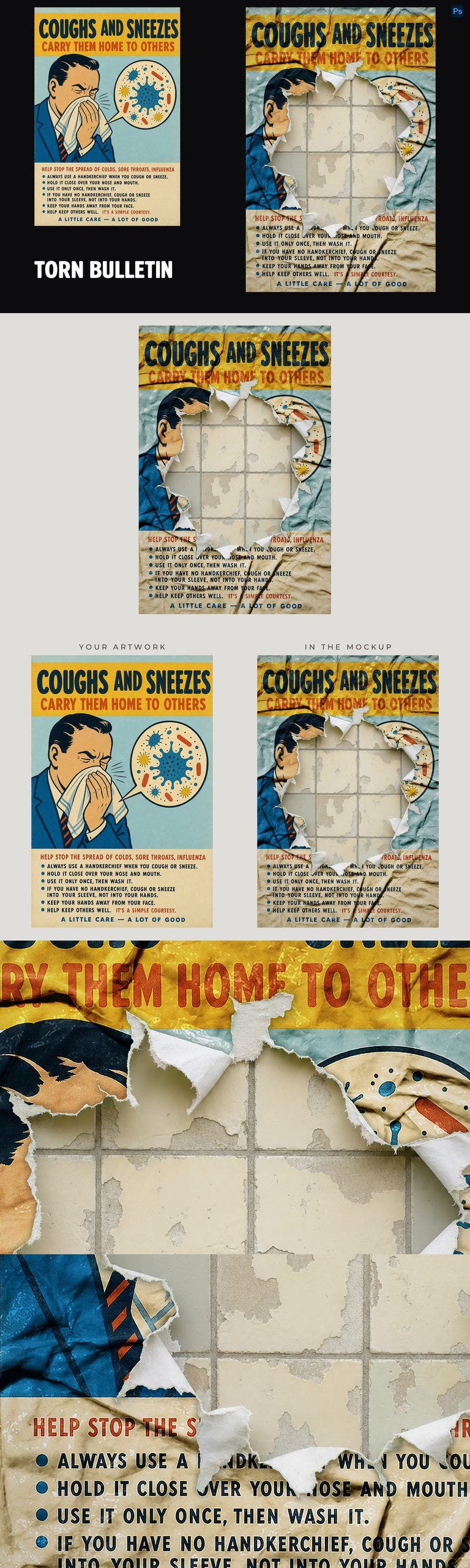 Vintage health poster with a bold yellow header, sneezing man and torn center exposing tiles