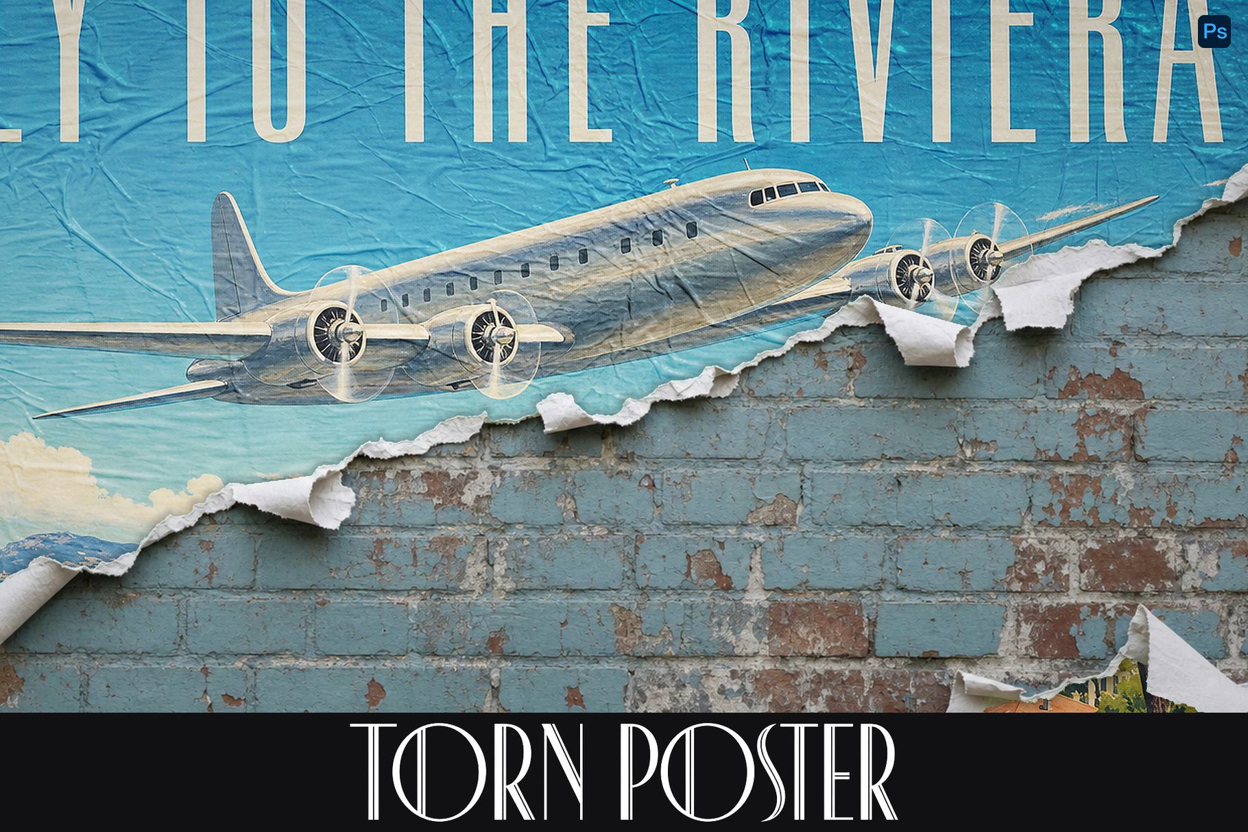Vintage travel poster with a central propeller plane, tall cream type and torn edges exposing blue brick