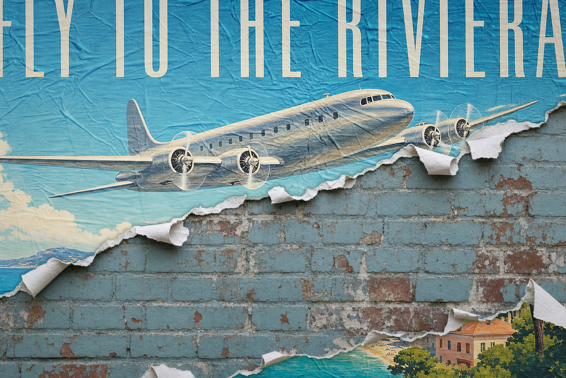 Vintage travel poster with tall cream lettering, a propeller plane, and diagonal tears exposing blue brick