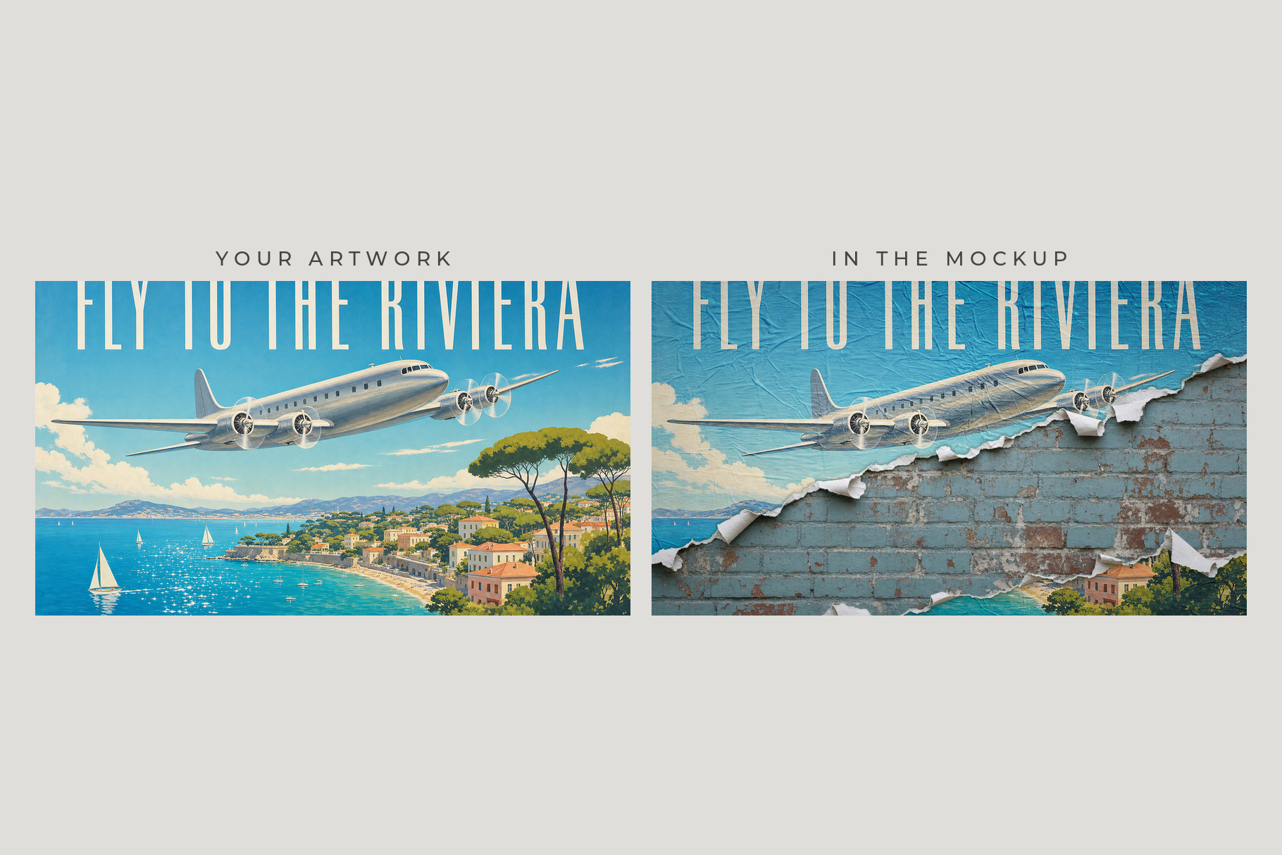 Side-by-side vintage Riviera travel posters with a propeller plane, blue coast and torn paper exposing brick
