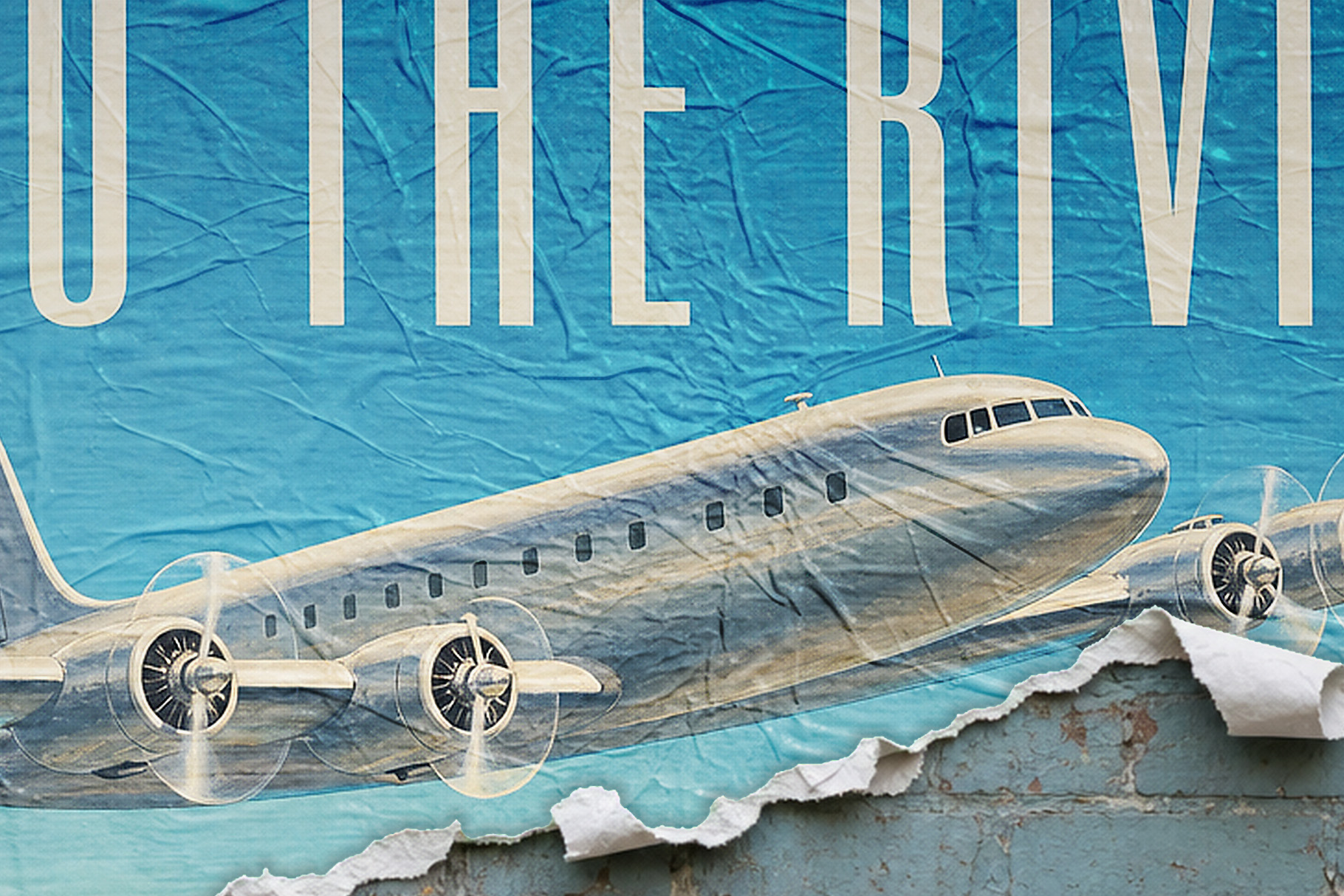 Vintage travel poster with a silver propeller plane, tall cream lettering, blue creased paper and torn edges