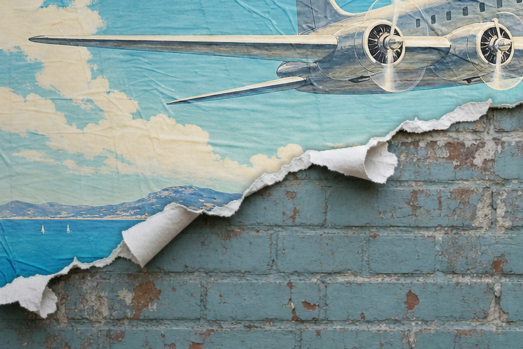 Vintage aviation poster with a plane over a coastal scene, diagonally torn to reveal a weathered blue brick wall