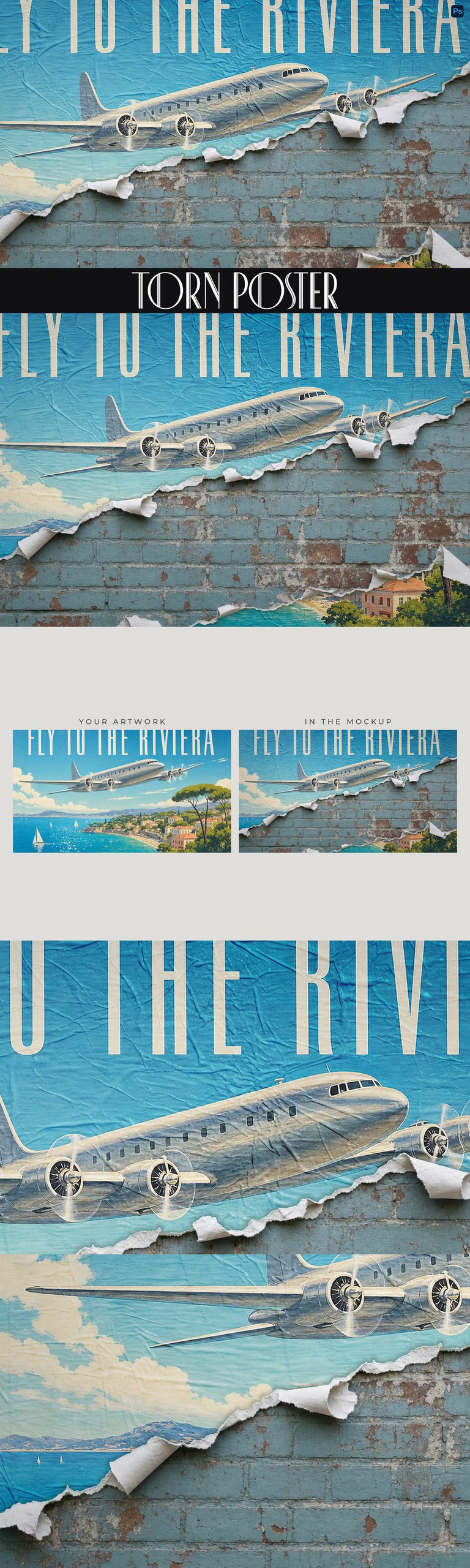 Stacked views of a vintage blue travel poster with a propeller plane and torn paper revealing brickwork