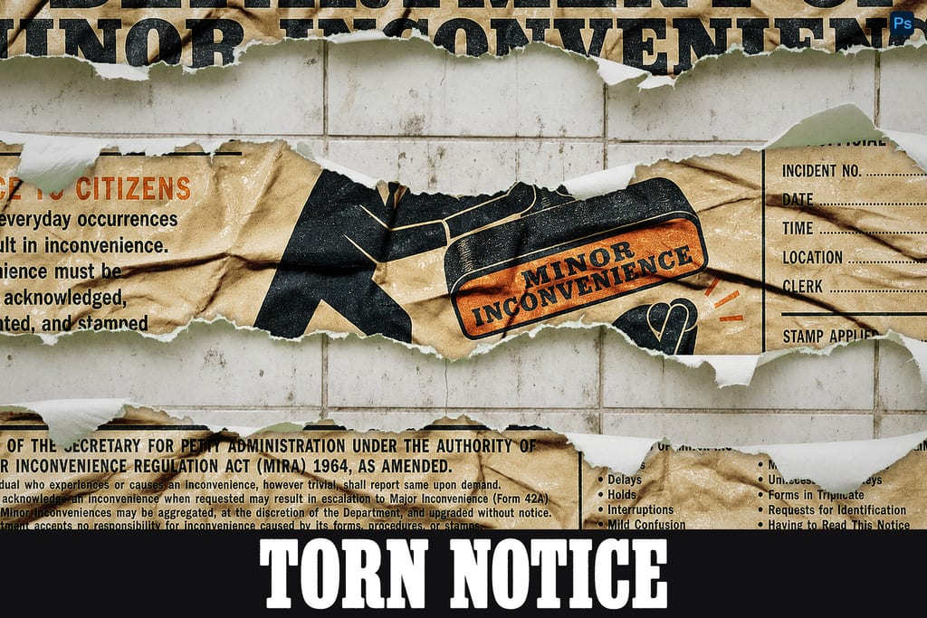 Distressed notice poster with horizontal torn paper strips, bold black type and an orange stamp on tiled wall