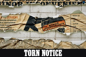 Distressed notice poster with horizontal torn paper strips, bold black type and an orange stamp on tiled wall