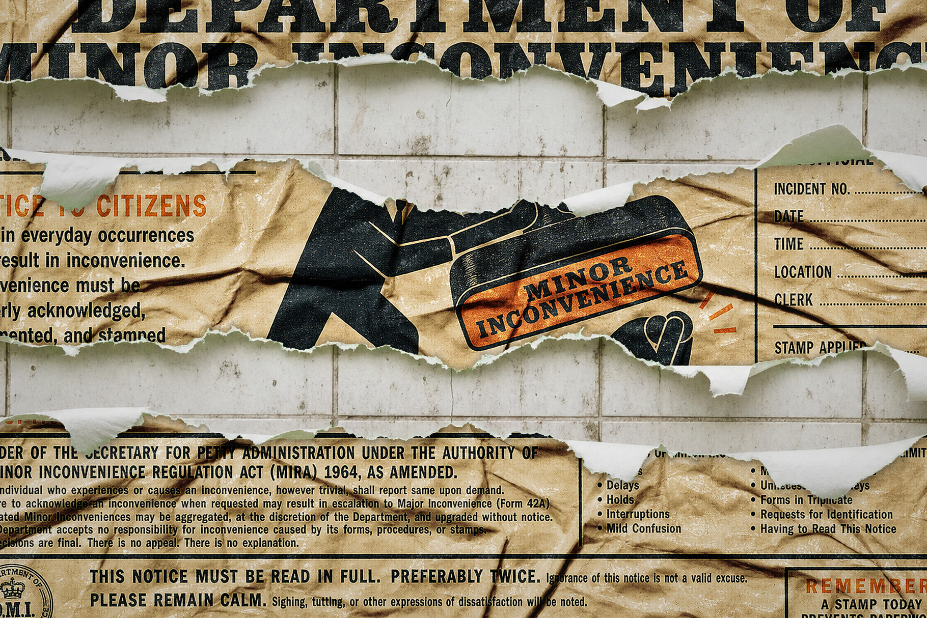 Distressed vintage notice poster with torn horizontal strips, bold black text and an orange rubber stamp
