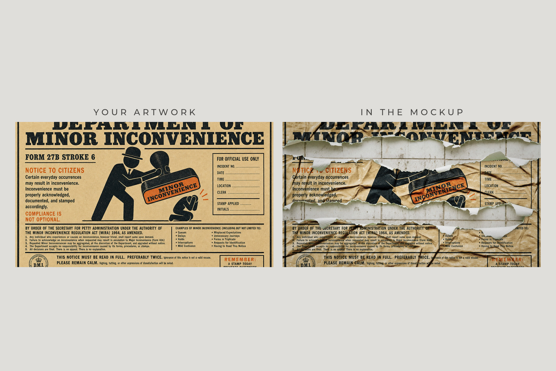 Side-by-side yellow notice posters with bold black type and stamping figure, one torn and weathered on a wall