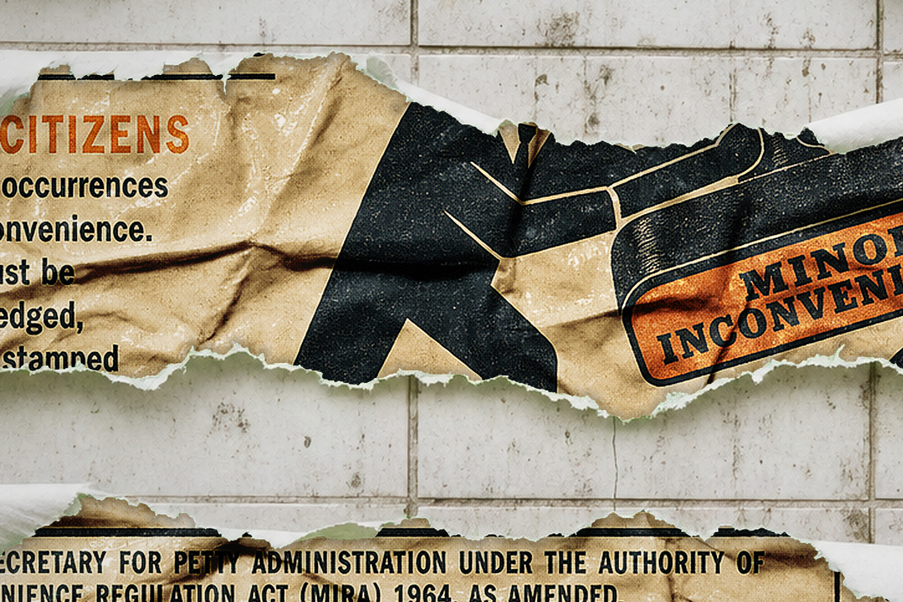 Torn vintage poster strips on a tiled wall, with black and orange type and a large rubber stamp illustration