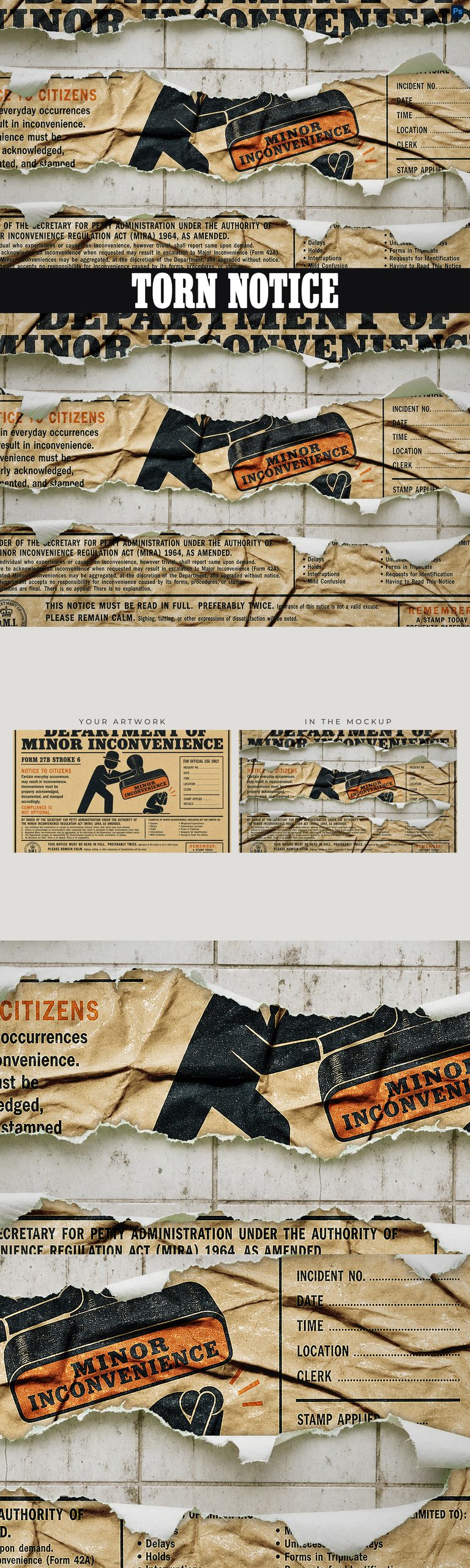 Vintage notice poster in torn horizontal strips on tiled walls, with bold black type and orange stamp graphics