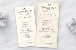 Two tall cream gift receipts with black serif text, bow icons and framed gift messages beside silver-ribbon gifts