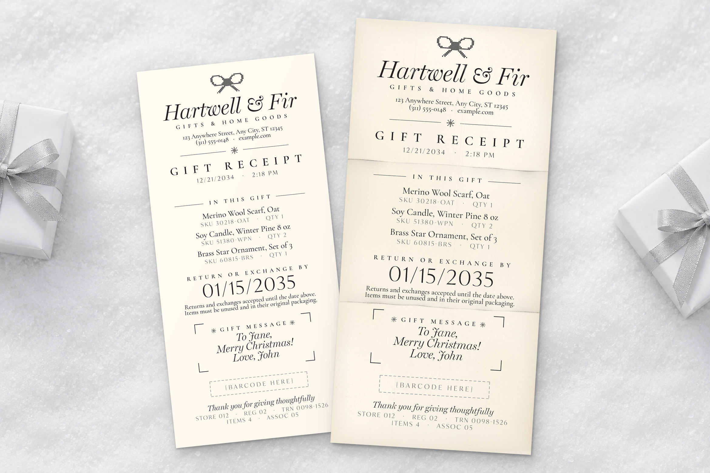 Two tall cream gift receipts with black serif text, bow icons and framed gift messages beside silver-ribbon gifts