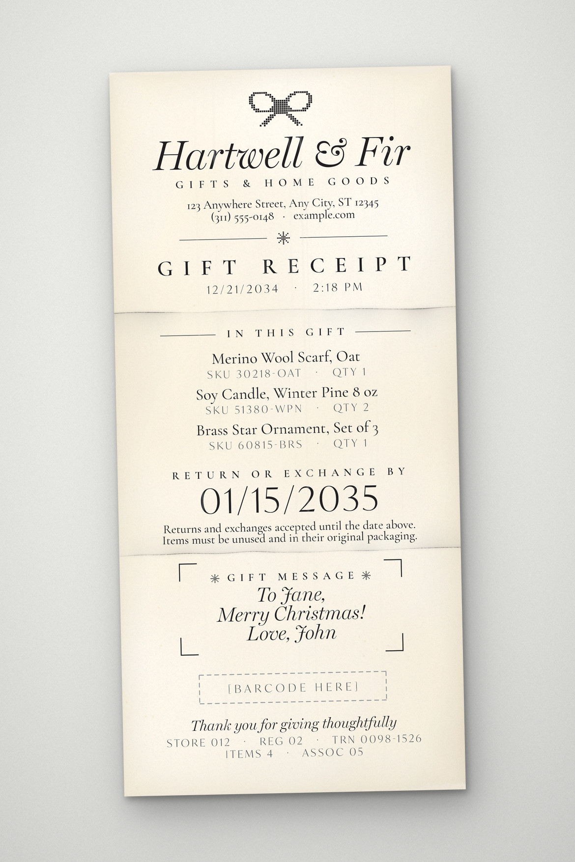 Tall cream gift receipt with centered black serif text, a dotted bow icon and a framed gift message