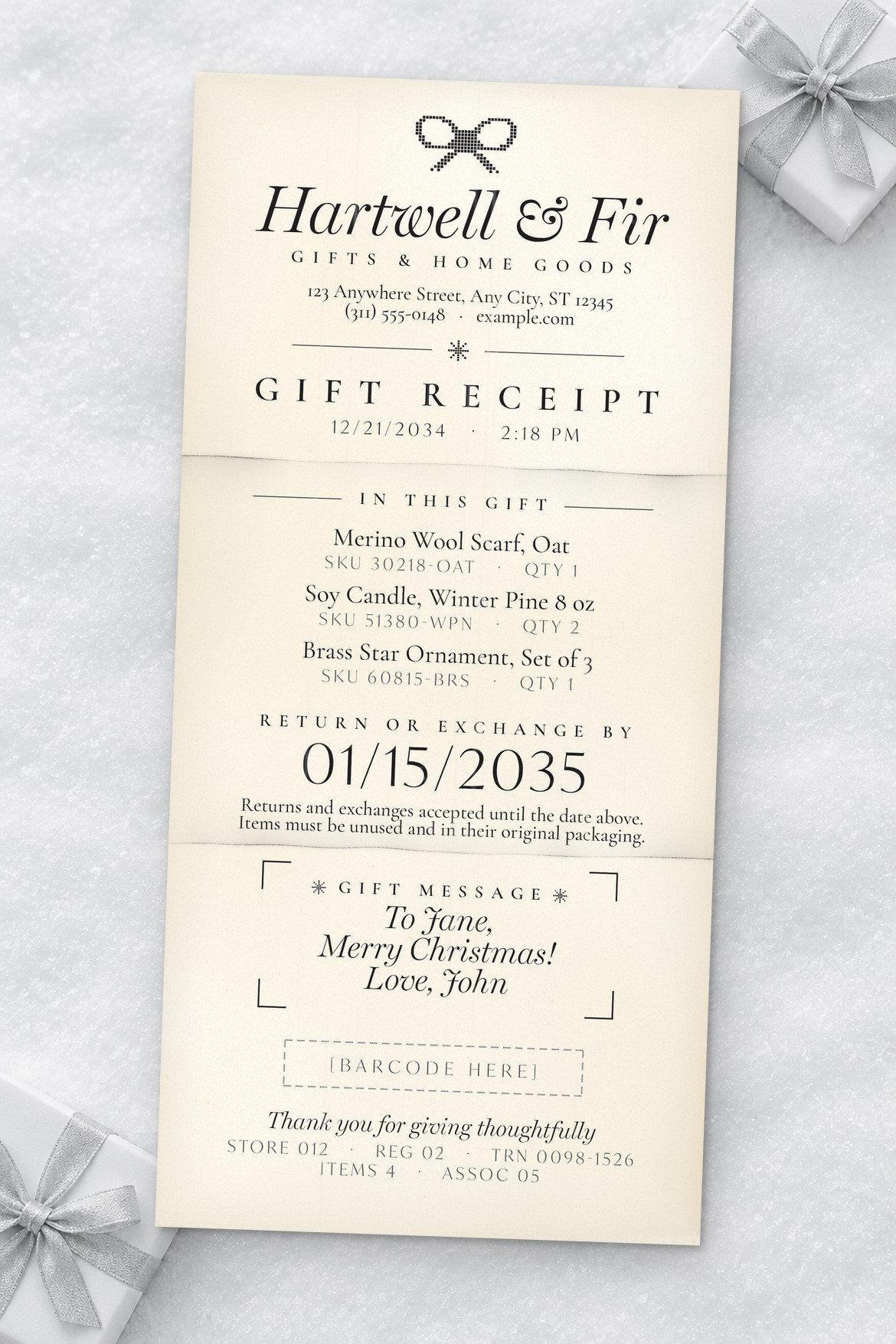 Cream gift receipt with centered black serif text, bow icon, stacked sections and framed holiday message