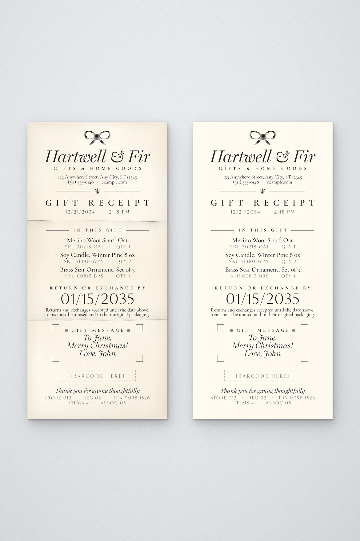 Two cream gift receipts side by side with centered serif text, bow icons and framed gift messages