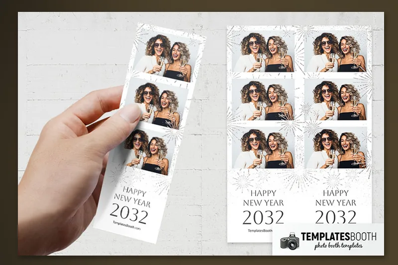 White New Year's Eve photo booth template: three-photo strips, one held in a hand