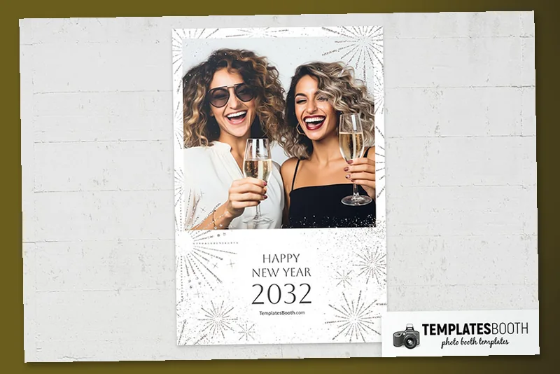 White New Year's Eve photo booth template: portrait print with one photo above New Year text