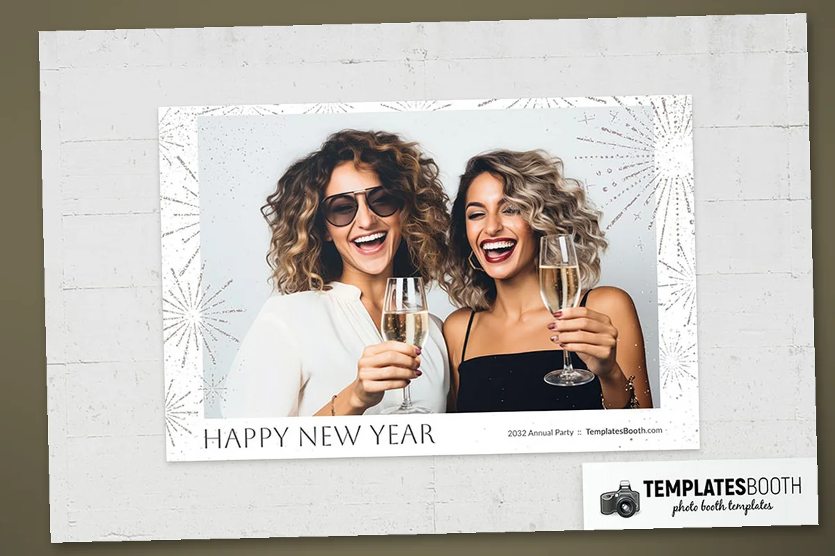 White New Year photo strip with two stacked photo windows, fine gray fireworks, small stars and serif year numerals
