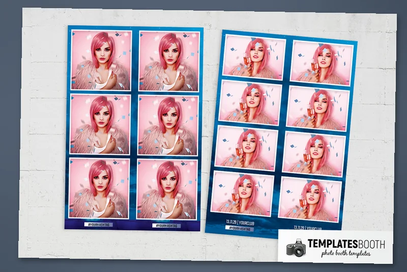 Winter Bash photo booth template: paired three-photo strips beside paired four-photo strips on wall