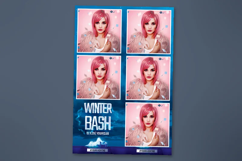 Winter Bash photo booth template: portrait layout with five photos and Winter Bash text