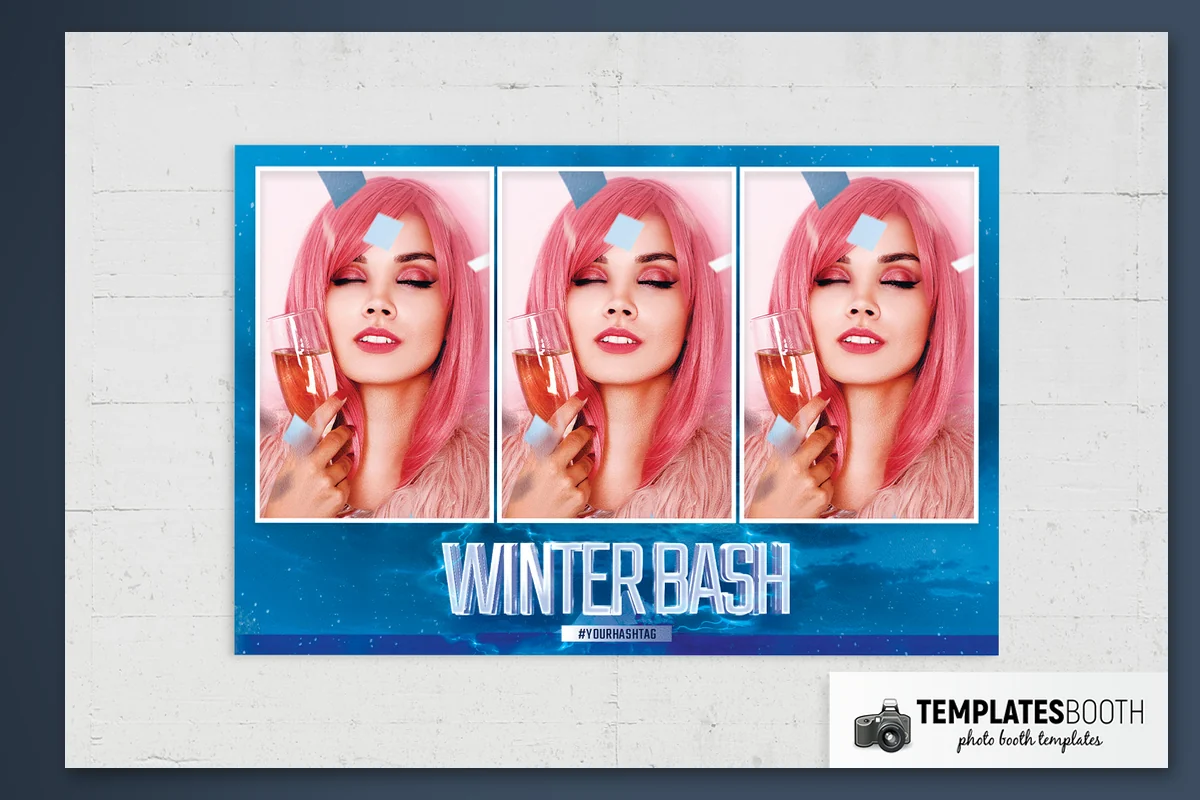 Winter photo strip with two white-bordered photos, cyan lightning, an iceberg, and purple water below icy lettering