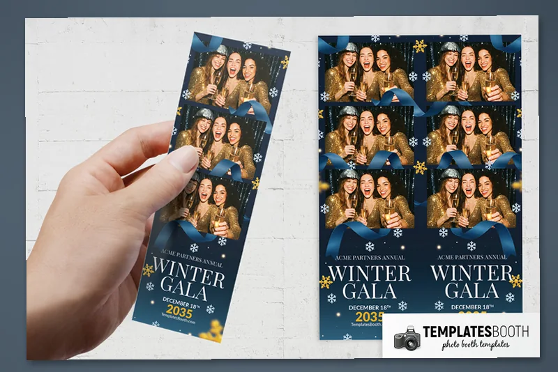 Winter Gala photo booth template: three-photo winter gala strip held beside two matching strips