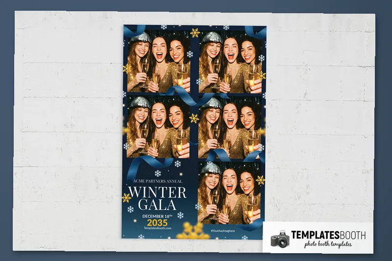 Winter Gala photo booth template: portrait winter gala print with five photo openings