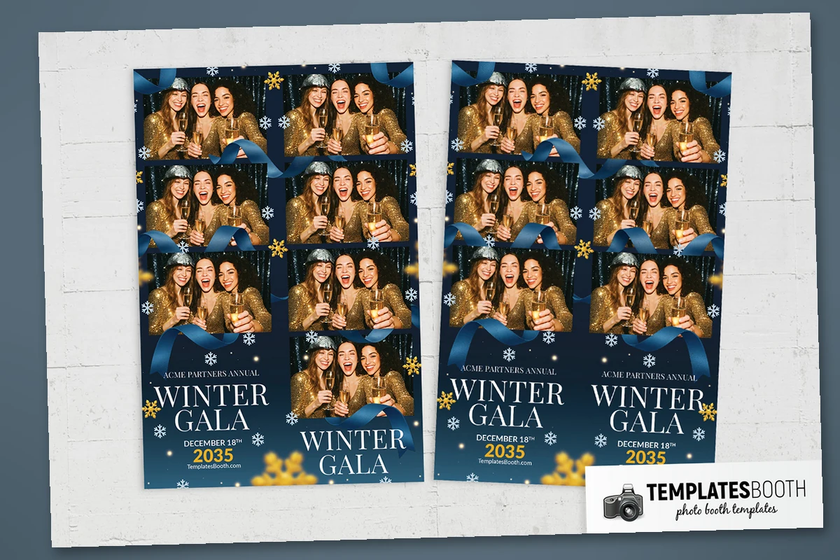 Winter gala photo strip with two stacked photos, curling blue ribbons, gold snowflakes, and a navy background