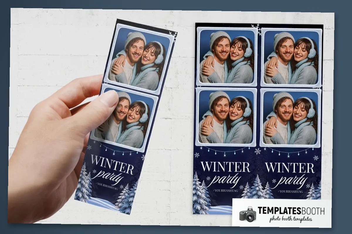 Winter party photo strip with snowy fir trees, pale blue string lights, and textured rounded photo frames