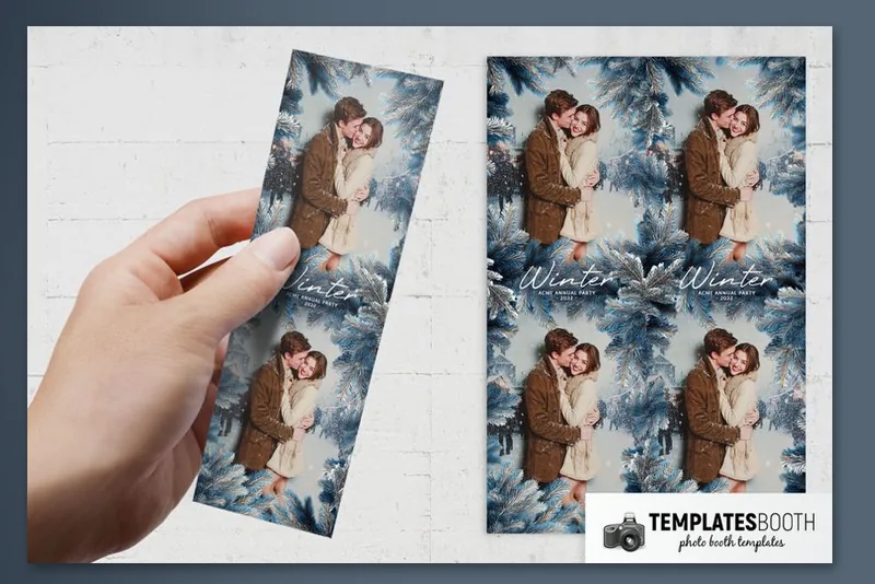 Winter Trees photo booth template: winter strip with two stacked photos held in a hand