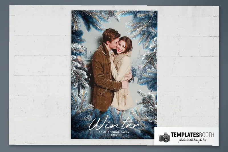Winter Trees photo booth template: portrait winter print with one photo displayed on a wall