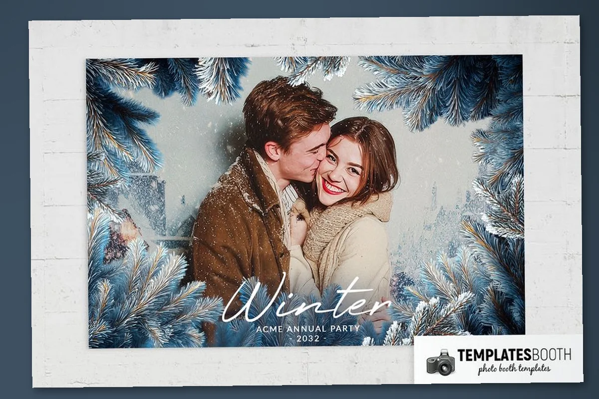 Winter Trees photo strip with snowy navy evergreen branches, softly edged photos, and a faint village background